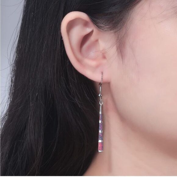 14K White Gold with Genuine Black Fire Opal Dangling Hook Tapered Bar Earrings - Picture 5 of 5